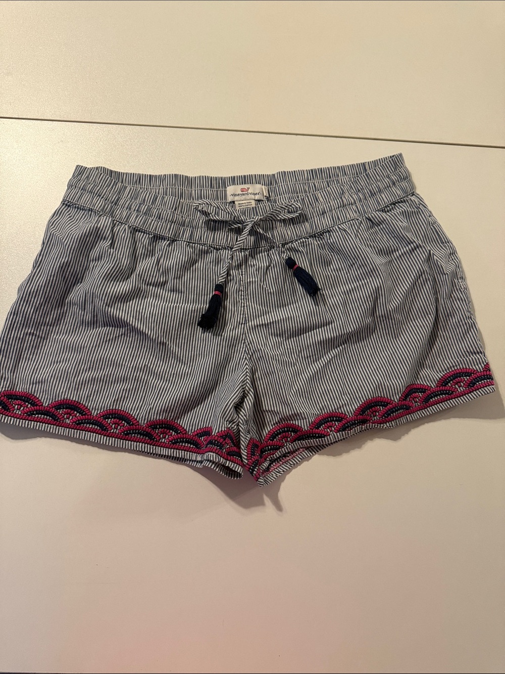 Vineyard Vines Navy & White Striped Shorts with Pink Trim
